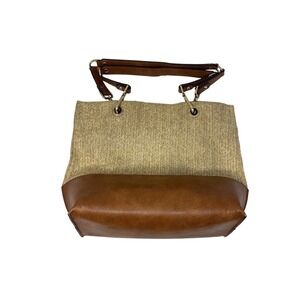 Calvin Klein Woven Straw Tote Bag Cognac Faux Leather Trim Gold Hardware Tan
